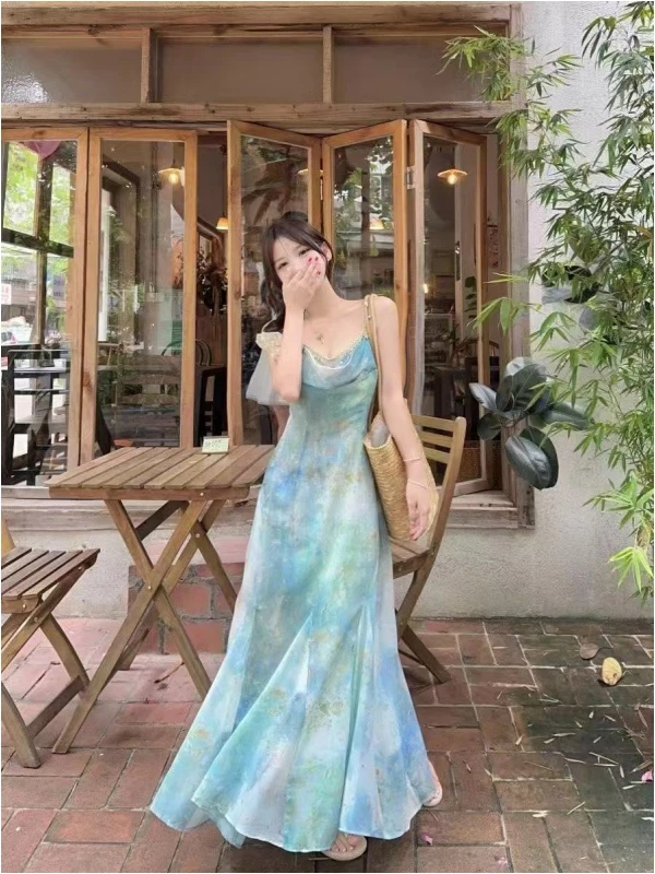 Verano Vaion Sle Strapl Dr Mujer Salida en la playa PINTURA AL ÓLEO BDING Falda acampanada Larga Dr Fairy T Ele