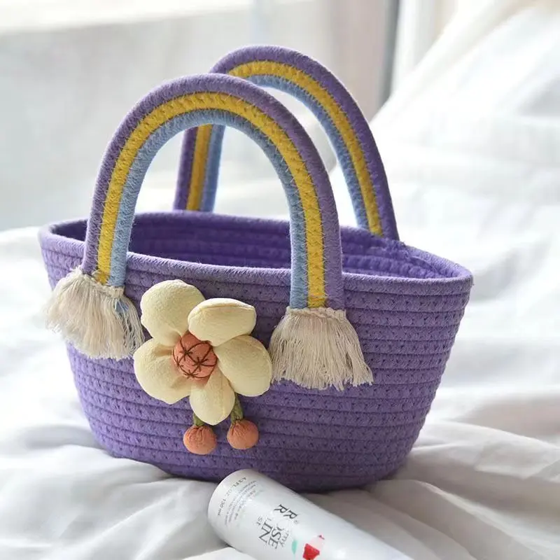 Korean Trendy Flower Rainbow Handbag for Women Wedding Gift Basket Cotton Rope Woven Basics Storage Bag Women\'s Beach Bags