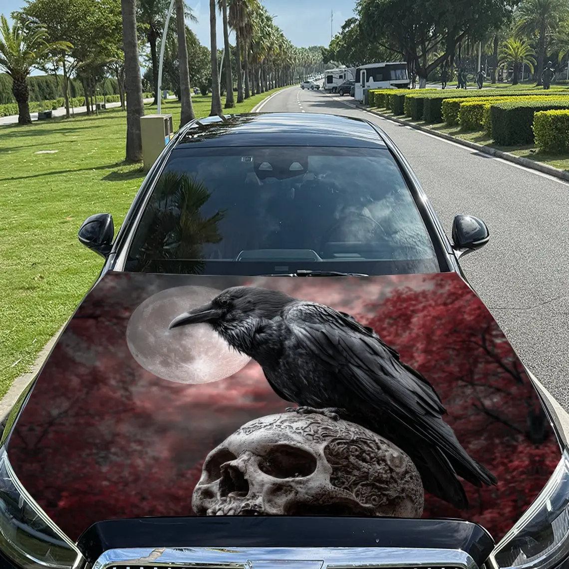 

Blood Moon Reflecting Raven and Skul Car Vinyl Wrap, PVC Material Waterproof Car Hood Sticker, Self-Adhesive Scratch-Resistant S