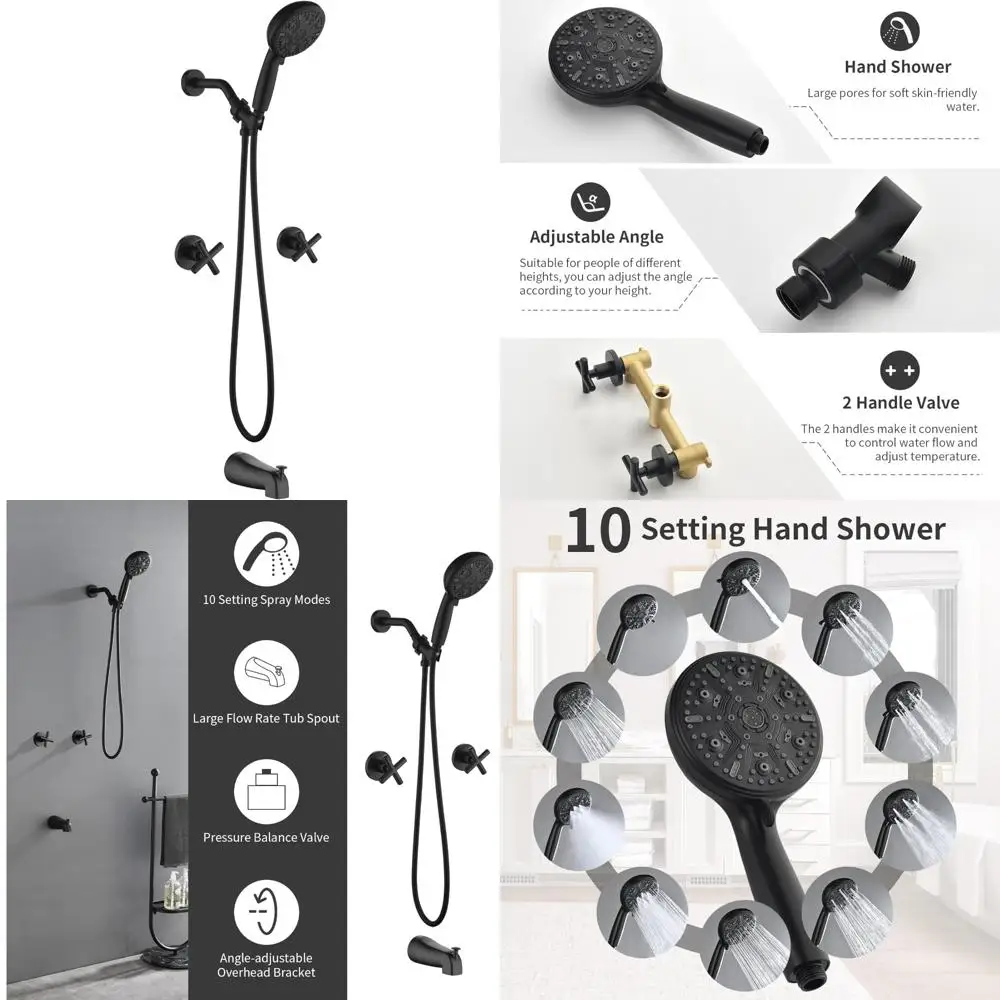 

Matte Black Single Handle Tub Shower Faucet Set with 10 Spray Handheld Shower and 4.7 Inch Showerhead for Modern Bathroom Upgrad