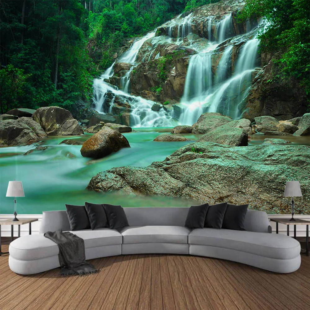 

Jungle Waterfall Tapestry, Natural Green Landscape, Photo Background, Home Decoration, Living Room, Dormitory Wall Hanging