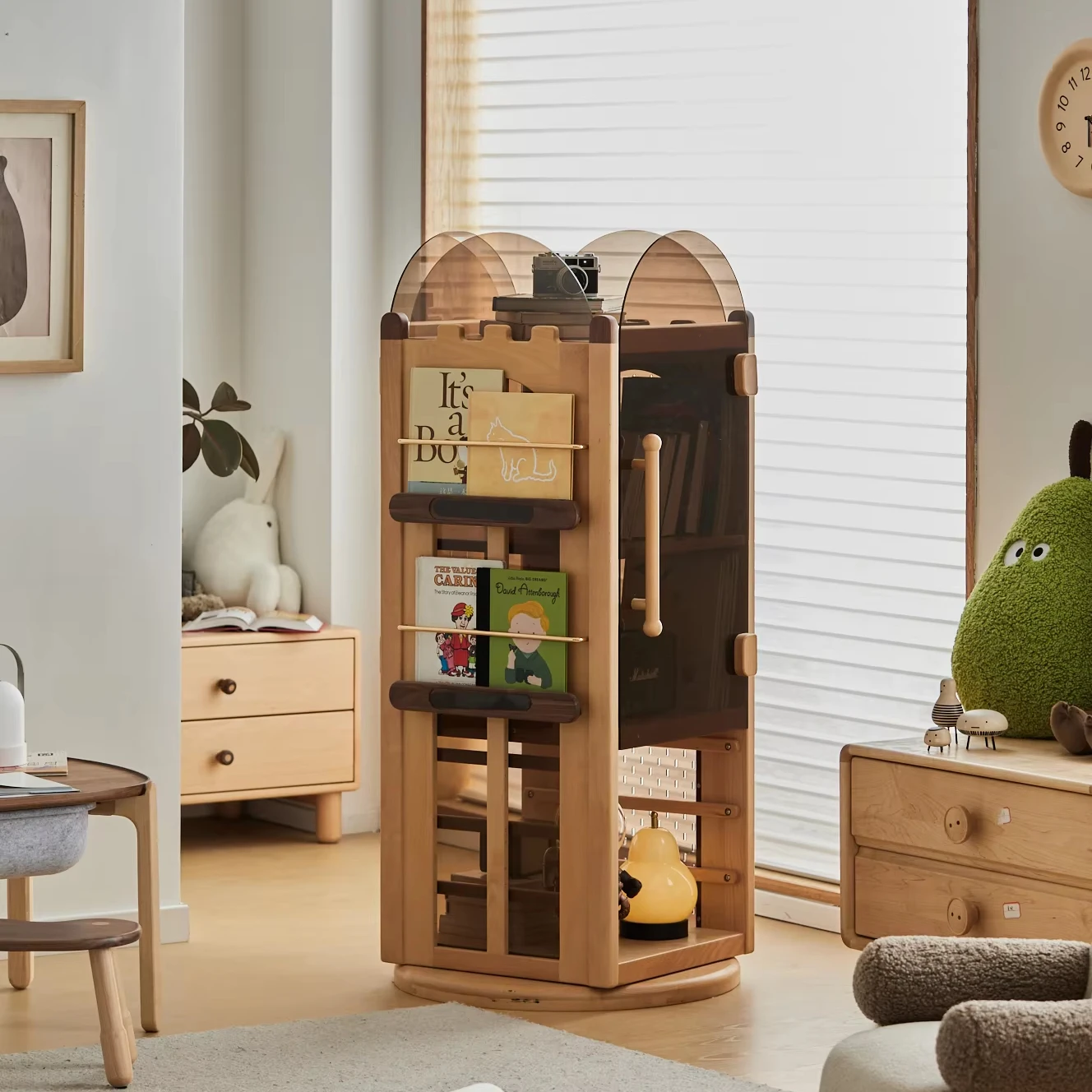 Adjustable Function Large Storage Children Wooden Bookcase Solid Wood Rotating Bookshelf for Kids