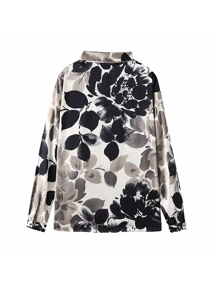 New Hong Kong Style Retro Casual Versatile Long Sleeved Floral Printed Satin Shirt for Women's Clothing