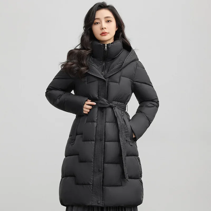 Veste en duvet de coton pour femme, mode d'hiver, Styles mi-longs, taille à lacets, épaisse, à capuche, col montant, vêtements pour femmes