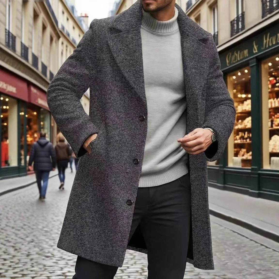 2026 Spring and Summer Men's Trench Coat Lapel Slim Coat Elegant Temperament Solid Color Trench Coat