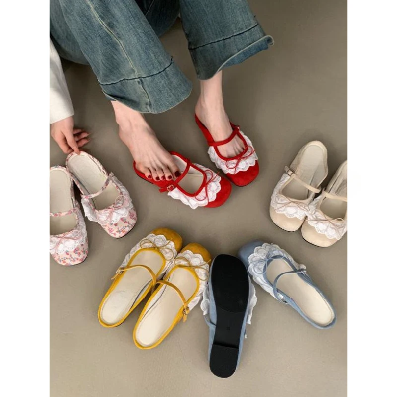 Damen-Spitzen-Mary-Jane-Schuhe, Süße Ballerinas mit Schleife und eckiger Spitze, Lässige Lolita-Style Slip-on Schuhe für Frühling und Sommer