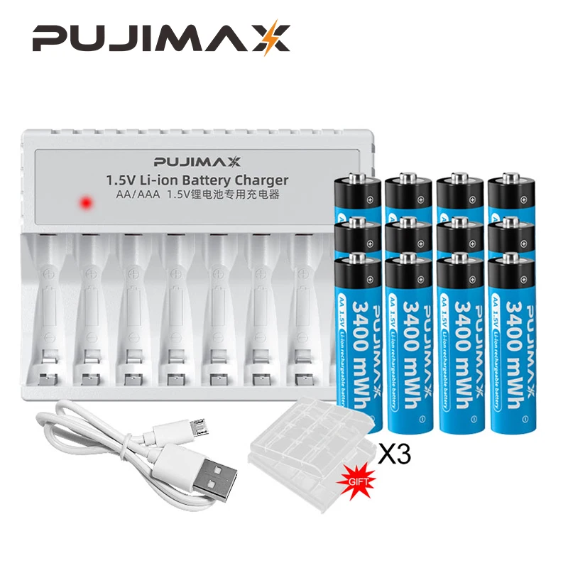 

PUJIMAX Rechargeable Lithium AA1.5V 3400mWh Battery+8-slot Smart Battery Charger With Micro USB Cable For Alarm Clock Flashligh