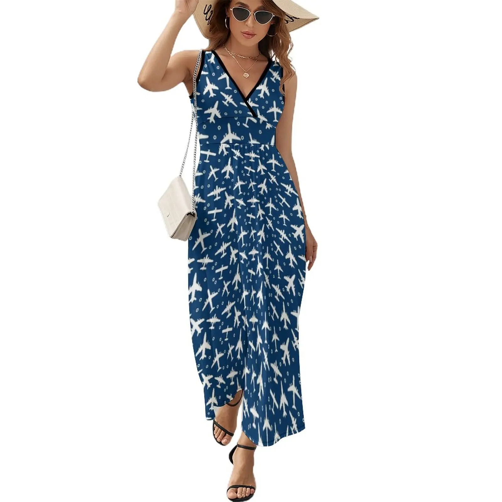 

Blue and White Aeroplanes Silhouette Pattern Sleeveless Dress dress summer Women long dress