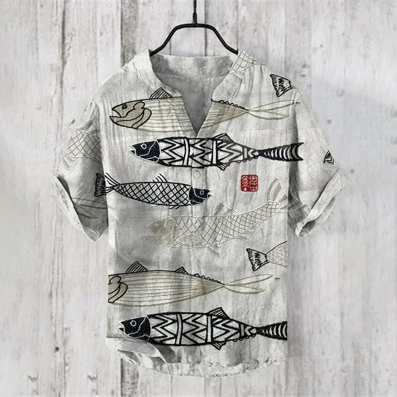 

2024 Leisure Fashion Outdoor Men's 3D Printing Vintage Fish Japanese Linen Art Linen Blended Henley V-neck Shirt