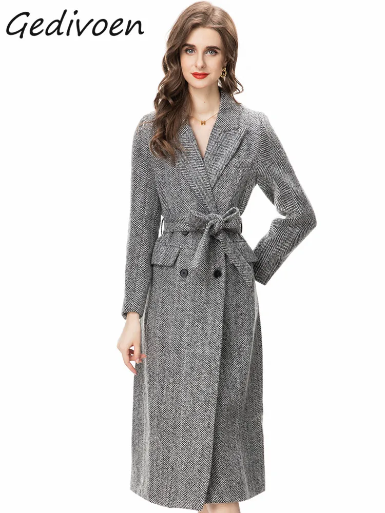 

Gedivoen Winter Fashion Designer Gray Vintage Blends Coat Women Lapel Button Pocket Sashes Gathered Waist Slim Long Blends Coat