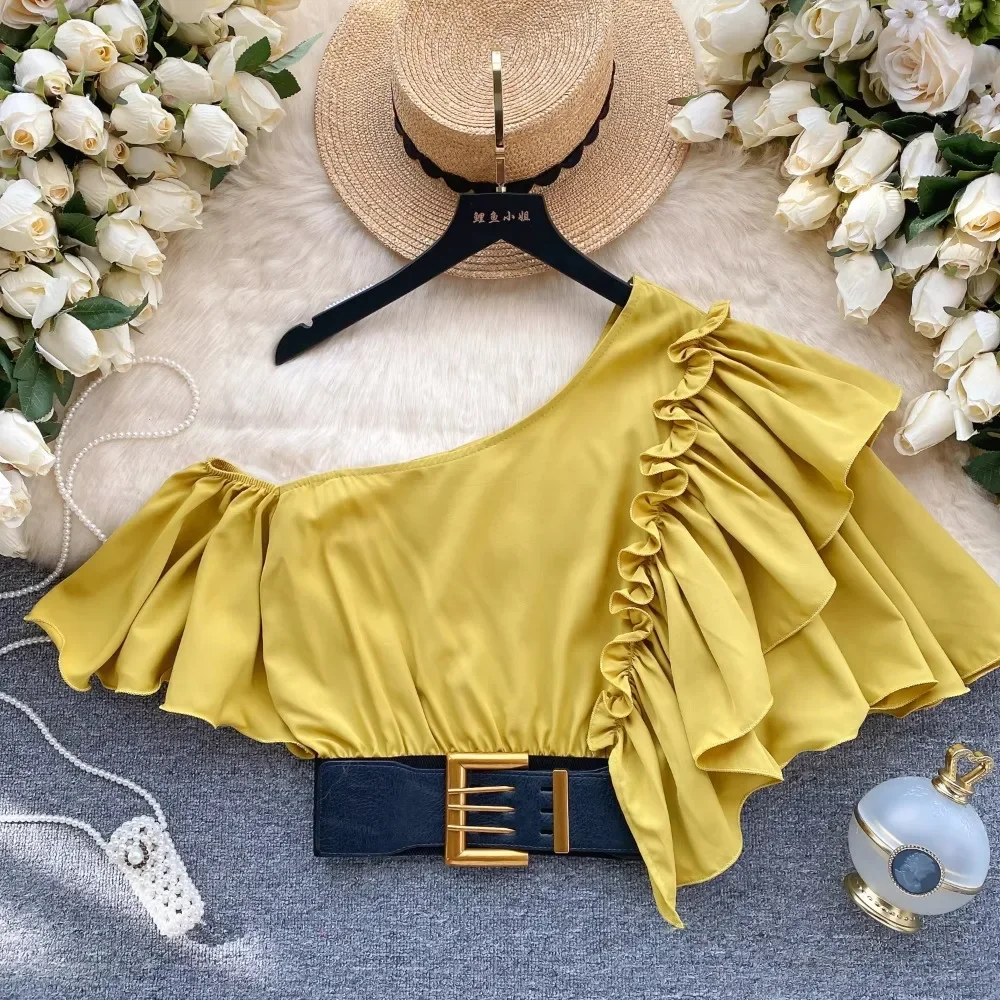 Chic Sweet Ruffle Puff Short Sleeve Diagonal Collar Blouse with Belt Elegant French Fashion Short Top Party Summer Women Shirt