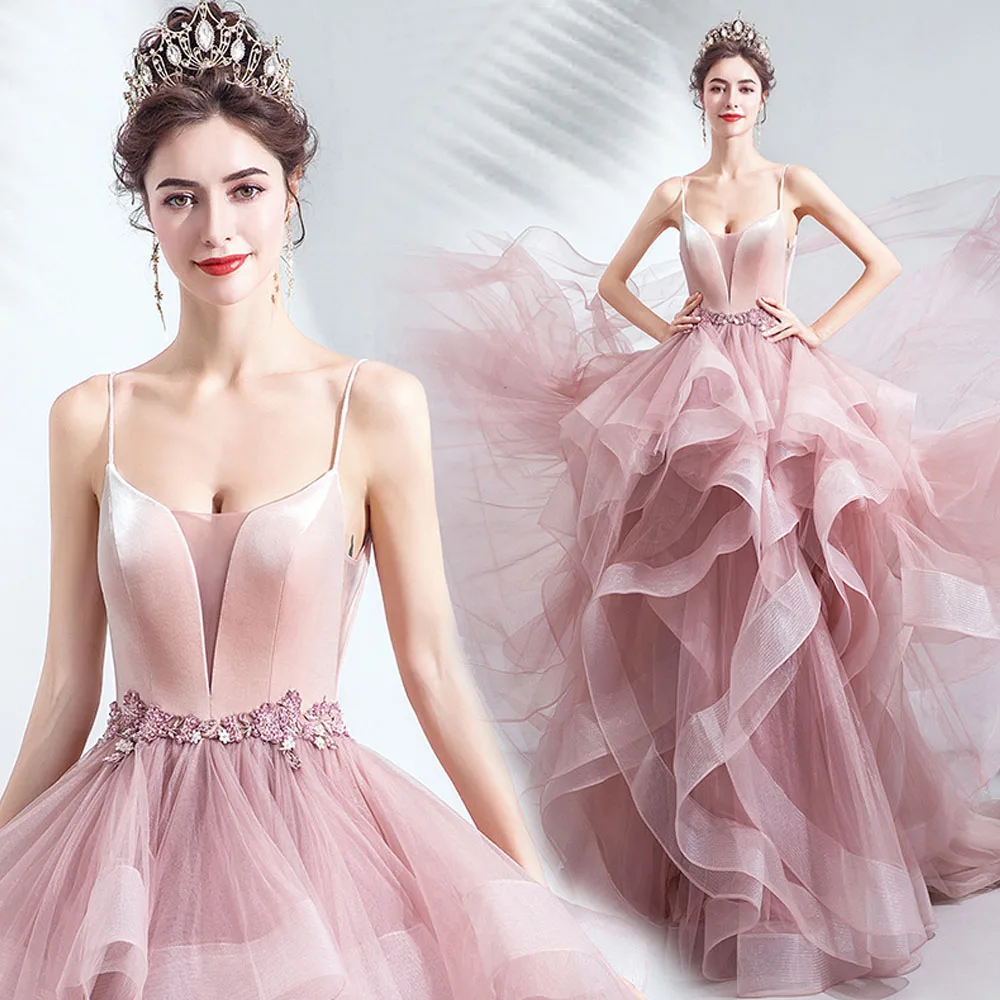 2024 New Pink Long Lady Girl Women Princess Prom Dress Performance Banquet Party Ball Dress Gown Polyester Long Evening Dress