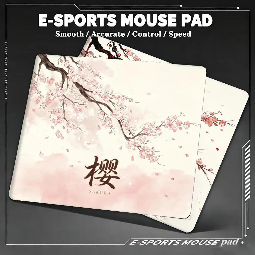 Pink Cherry Blossom Sakura Gaming MousePad Vintage Japanese Ink Floral Medium Mousepad Anti-Slip Rubber Smooth E-Sports Desk Pad