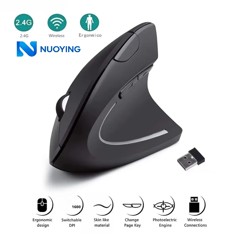 Ratón Óptico Vertical Inalámbrico de 2.4GHz, Diseño Ergonómico, 800/1200/1600 DPI, 6 Botones, Ratón Portátil para PC, Laptop, Escritorio