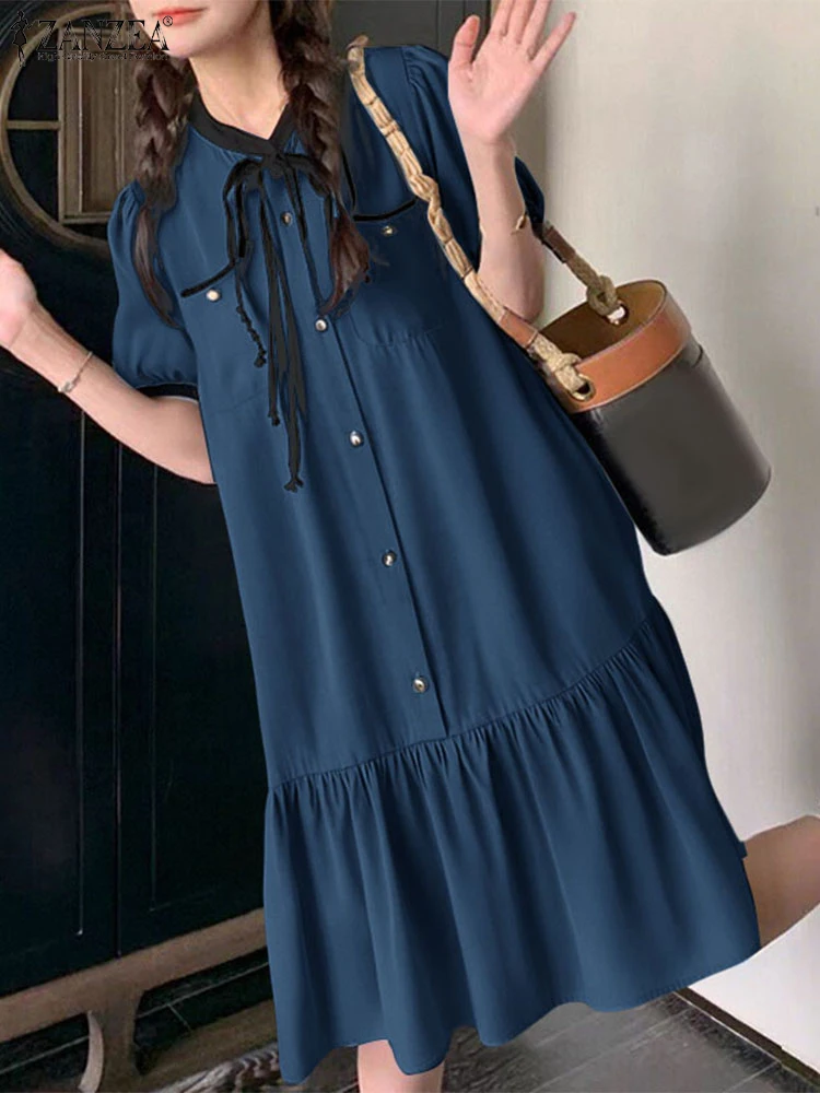 

ZANZEA Summer Women Ruffled Dress 2025 Short Sleeve Bandage Shirt Sundress Fashion Patchwork Casual Loose Knee-length Vestidos
