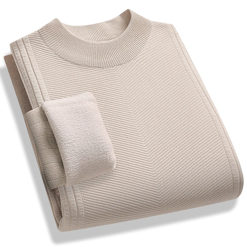 Sweater Mock Neck Pria Warna Solid Berlapis Fleece Sweater Musim Gugur Musim Dingin Pakaian Rajut Dasar Pria Pullover Rajut