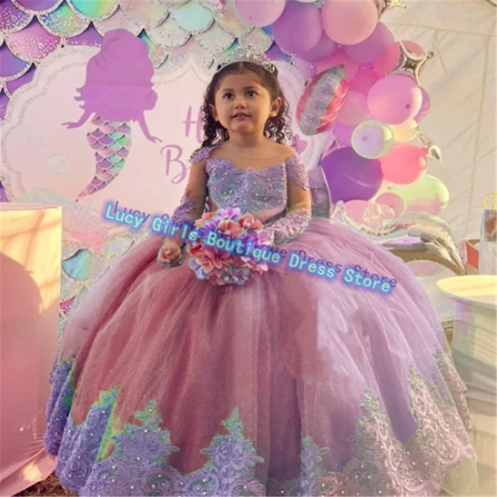 Customised Lovely Baby Flower Girl Dresses Tulle Fluffy Wedding Princess Lace Printing Kids Birthday Party Evening Gowns