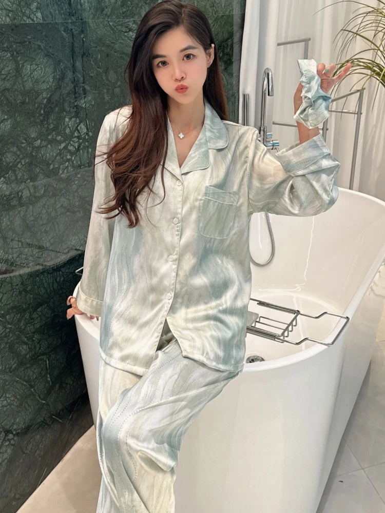 Ice Silk Pajamas Women's Spring/Autumn New Long-sleeved Cardigan Thin High-end Sense Silk Satin Home Clothes suit M-2XL