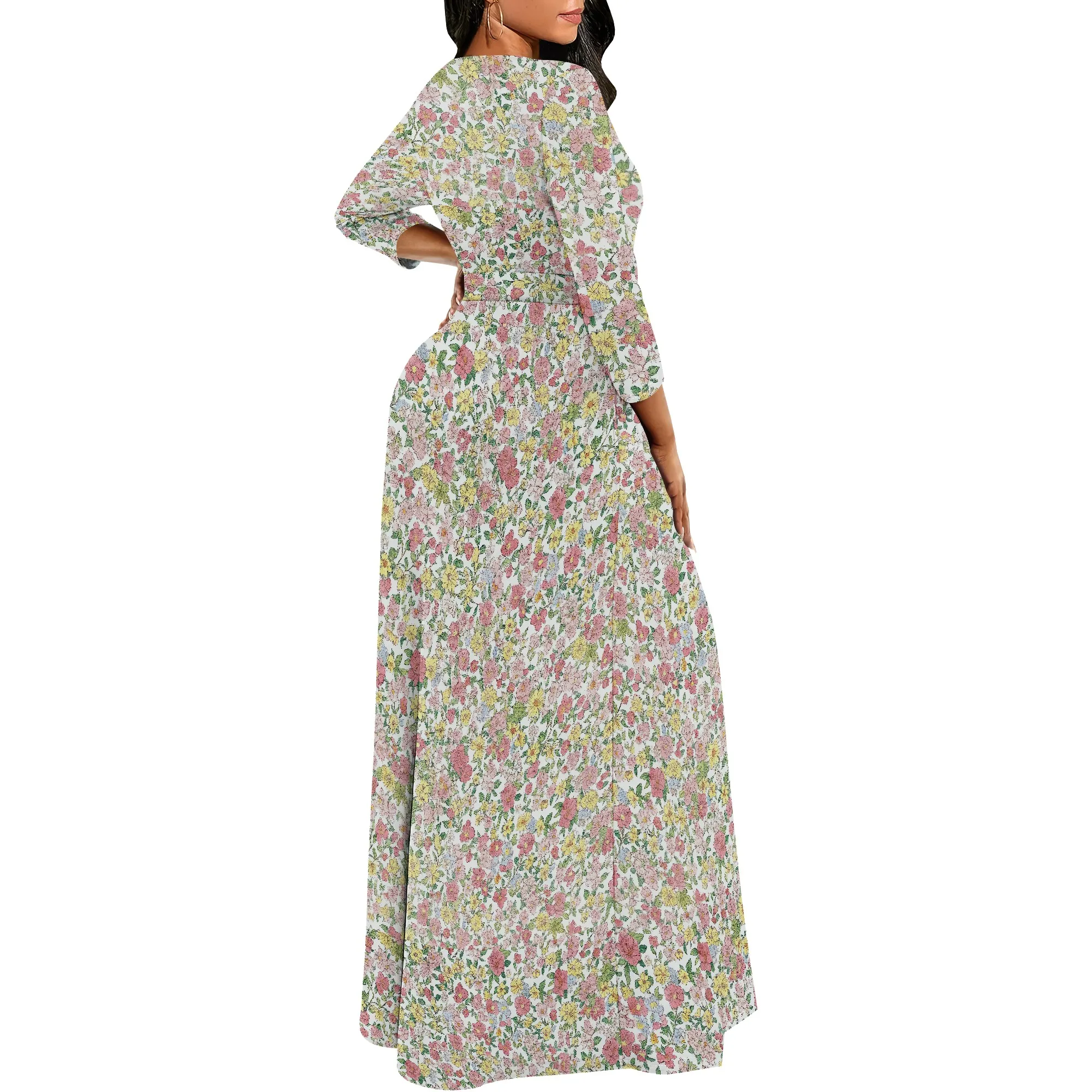 ชุดเดรสพิมพ์ลายดอกไม้พฤกษศาสตร์สตรี Casuel Crew Neck Long Maxi Dresses พร้อมเข็มขัด