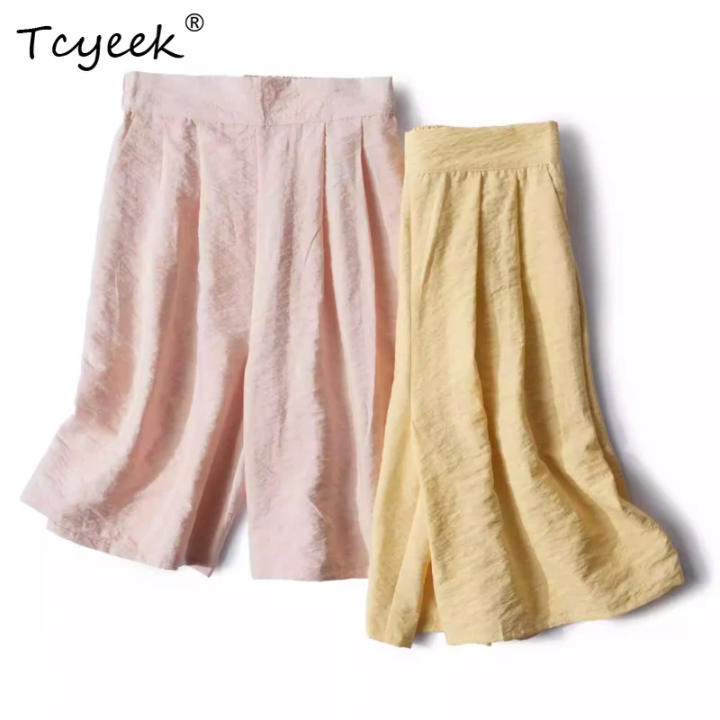 

Tcyeek 76% Mulberry Silk 24% Nylon Summer Thin Wide Pants High Waisted Straight Tube Solid Color Women's Shorts Shorts Femme