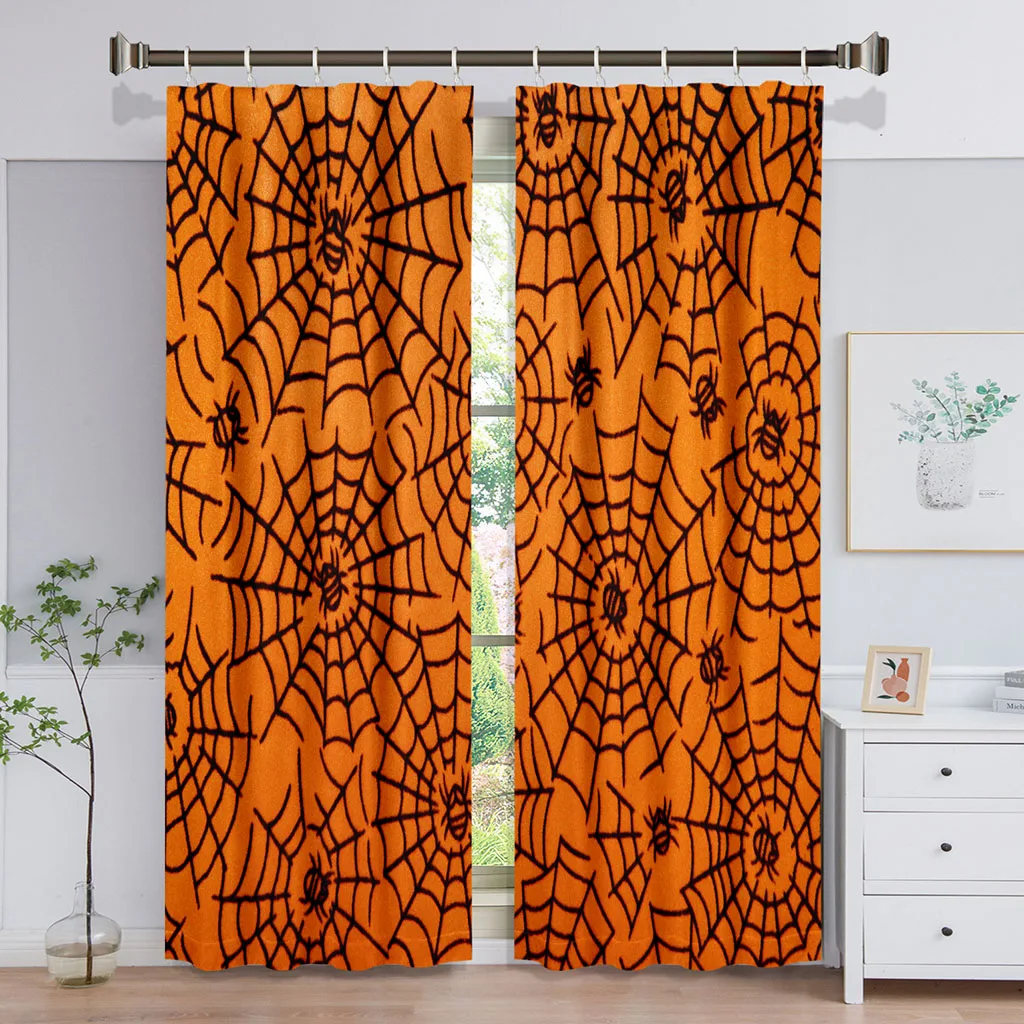 

Happy Halloween Spider Web Bat Printing Thin Window Curtain for Living Room Bedroom Bathroom Kicthen Door Cupboard Hooks 2Pieces