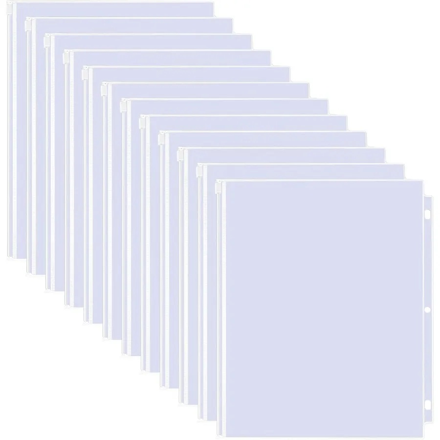 

12 упаковок карманов для переплета с буквами, 3 отверстия, 11,4 x 9,5 дюйма, папка на молнии для 3-х кольцевых переплетов, водонепроницаемая прозрачная папка из ПВХ Po