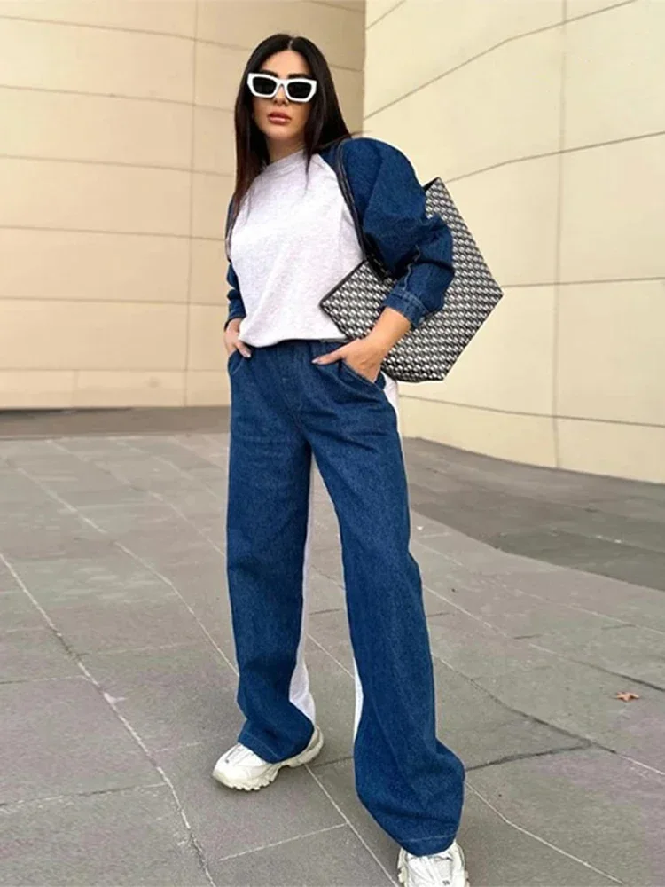 2026 Casual Patchwork Denim Sweatshirt Pant Sets Women O-neck Contrast Top High Waist Pants Female Suit Autumn Lady Streetwears