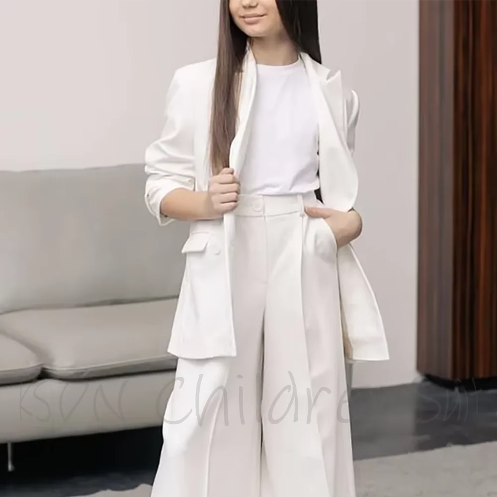 

Fashion White Suit For Girl Classic Peaked Lapel Loose Fit Children Clothes Costume Solid Color Casual Daily Two Pieces Set