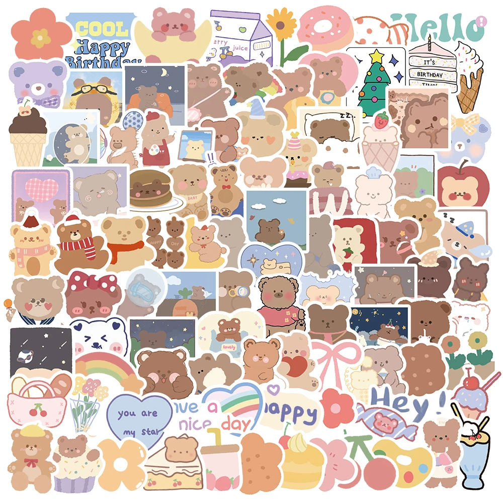 102PCS Playful Bear Cute Decorative Stickers Scrapbooking Stick Label Diary Journal Stickers Stationery Album Stickers Kids Toys