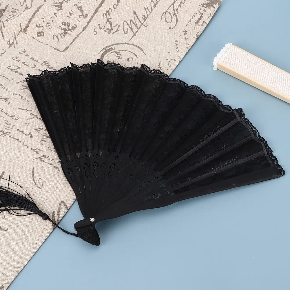 E9 Double Layer Vintage Janpanese Style Lace Hand Folding Fan for Women Performance Gifts Party Decoration PropBlack Folding Fan