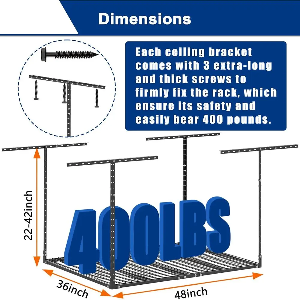 Heavy-Duty 3x4FT Adjustable Ceiling Storage Rack for Garage, 450lbs Capacity, Metal Organizer, Black