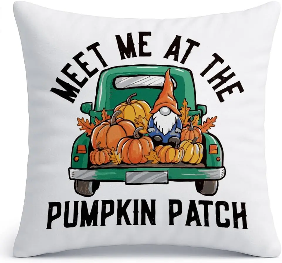 Fall Gnome Throw Pillow Cover 18x18, Meet Me at The Pumpkin Patch, Rustic Farmhouse Pumpkin Truck Autumn Decor, Thanksgiving