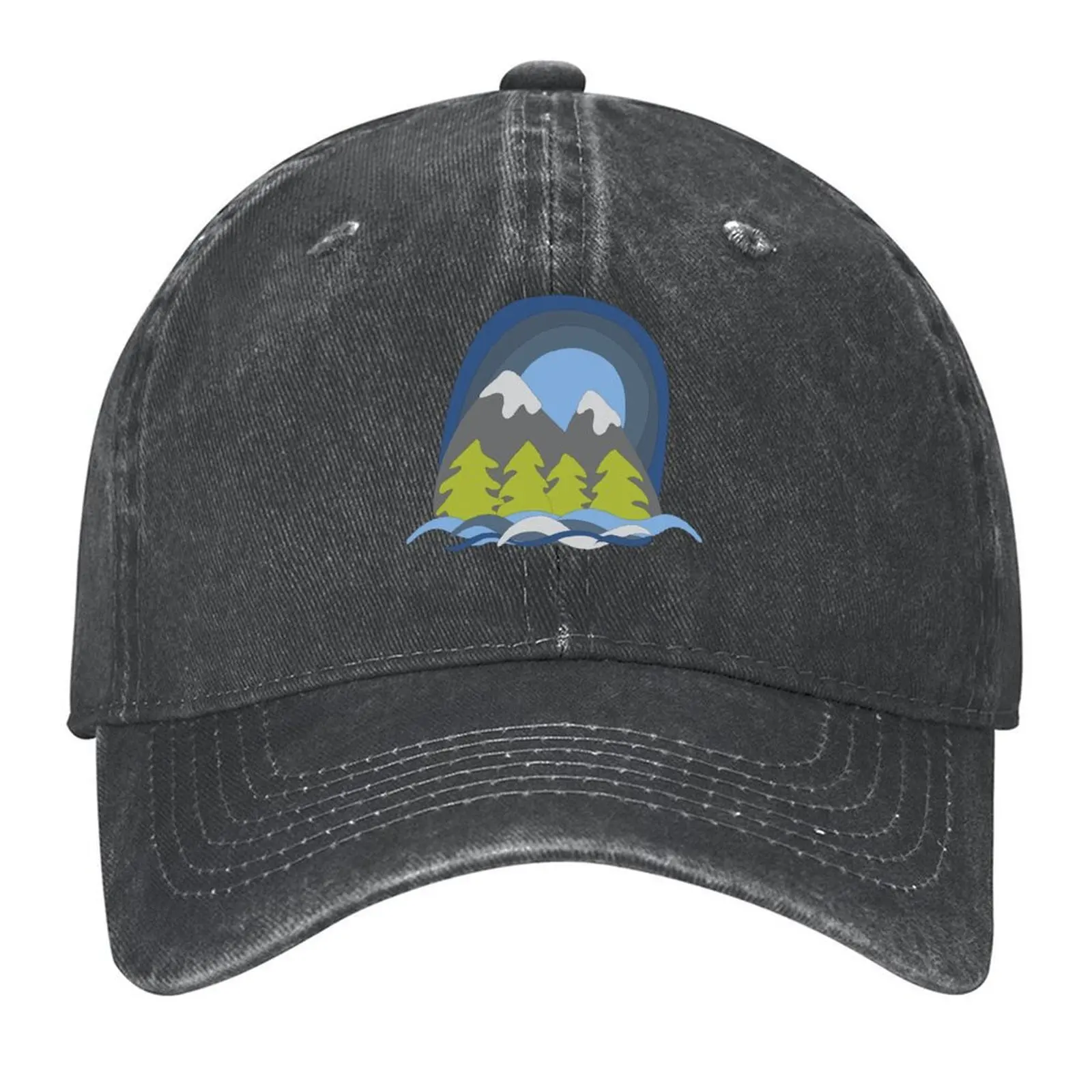 

Illustrated whimsical mountain scene cartoon snowy forest peaks. Baseball Cap New Hat Golf Hat Man sun caps Men Hats Women's