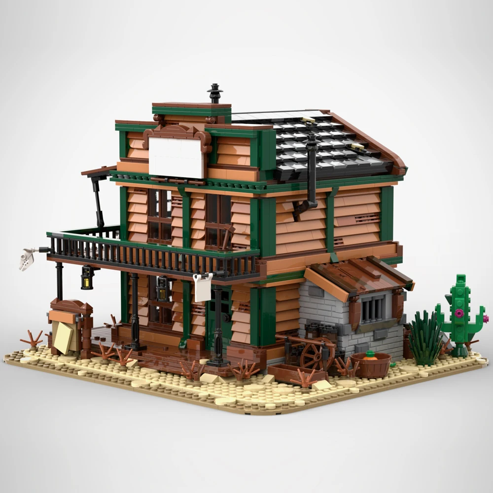 MOC Shooting Game Wild West Sheriffs Office Building Blocks Ideas Two-story Detached Model Bricks Collection Toys for Kids Gift