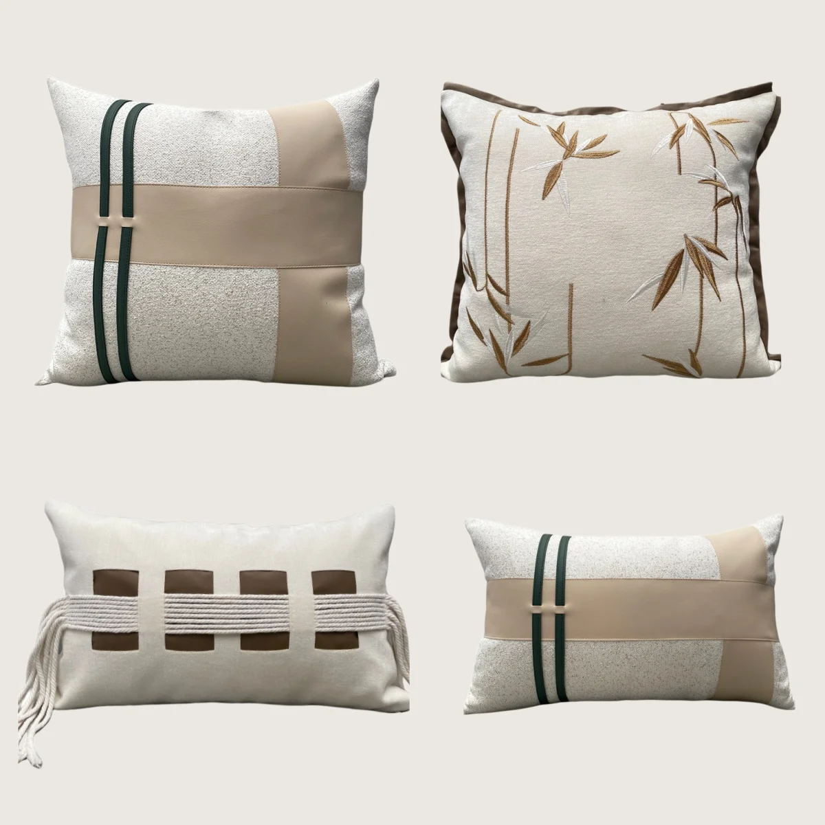 Modern Beige Apricot PU Leather Pacthwork Pillow Cover Sofa Lumbar Cushion Cover Beige Pillowcase