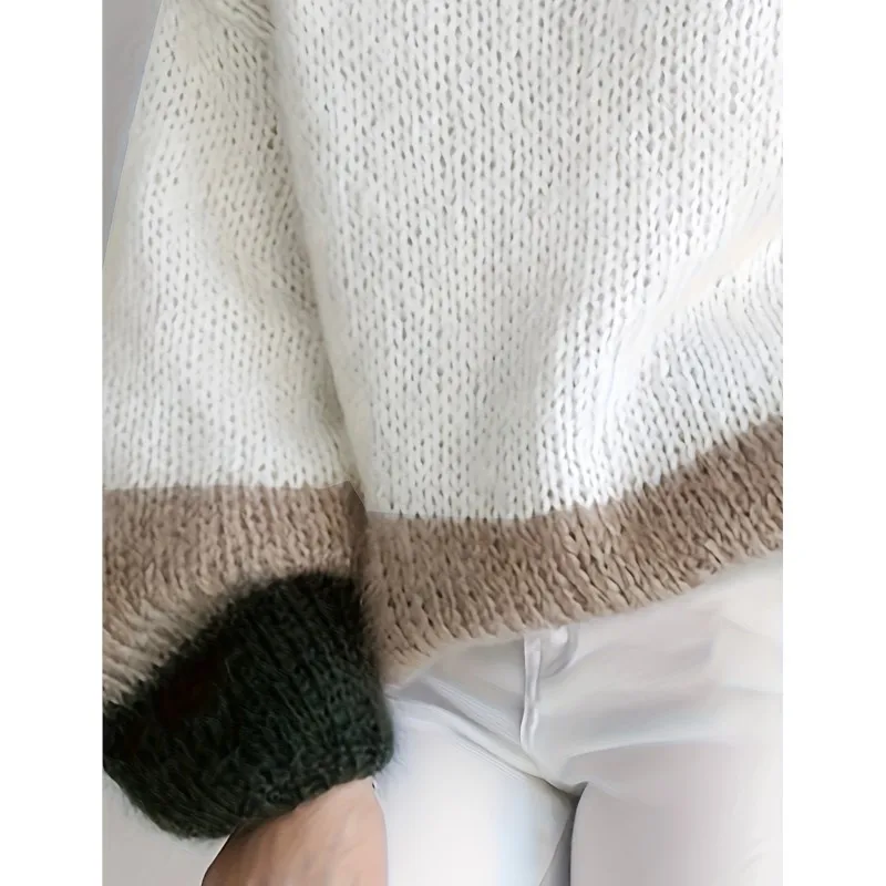 Elegant Sweater Women 2025 Autumn Casual Fashion Loose Boat Neck Long Sleeve Women Pullovers Chic Color Blocking Jumper Tops
