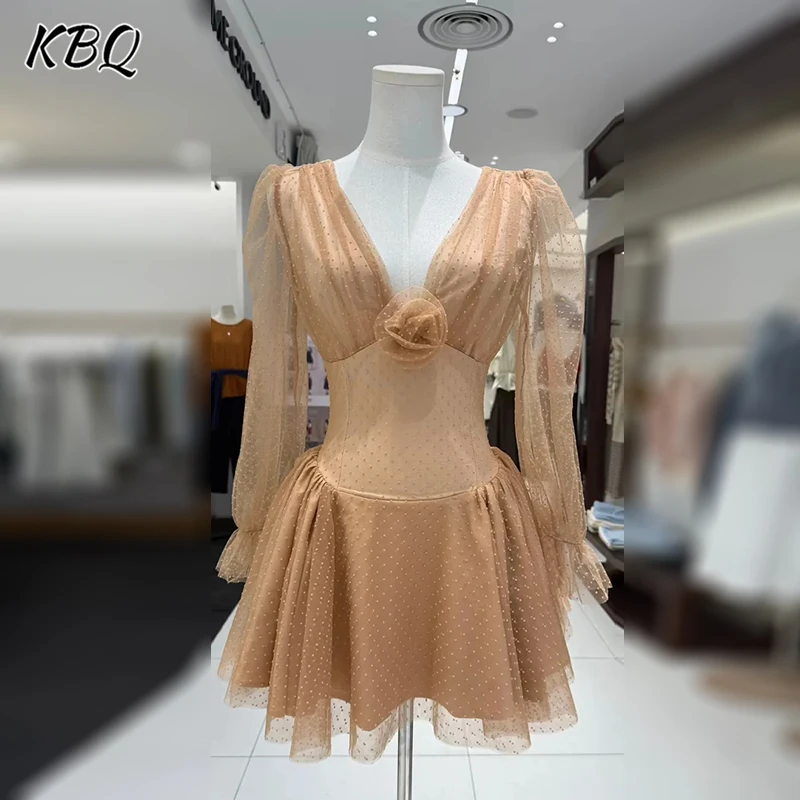 

KBQ Solid Spliced Appliques Mesh Mini Dresses for Women V Neck Long Sleeve High Waist Temperament Dress Female Fashio Style New
