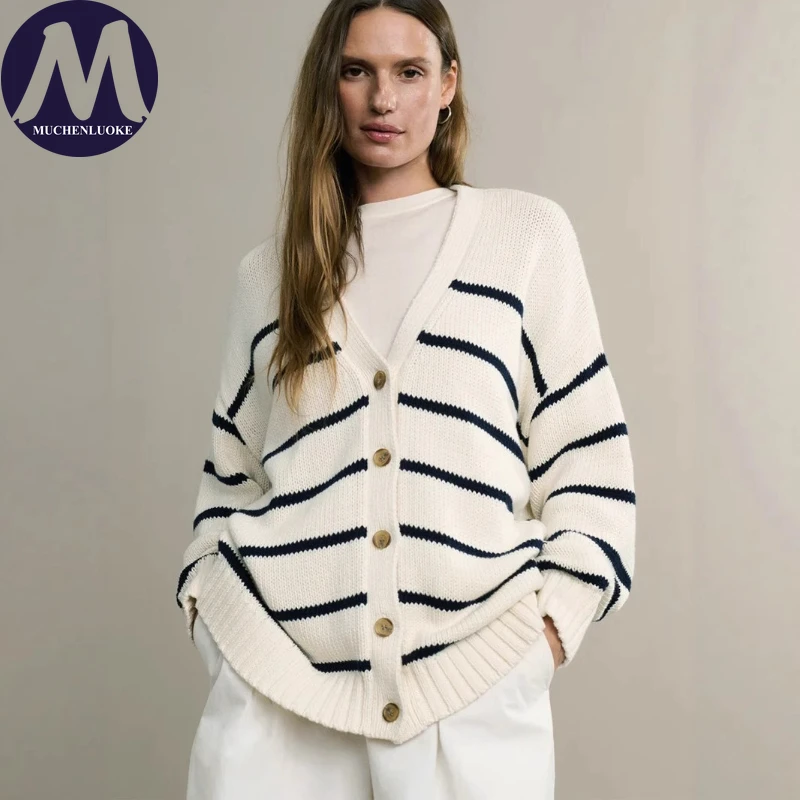 

Cardigans Woman Autumn Winter Stripe V Neck Single-breasted Knitted Sweaters Coats Fashionable Casual Loose Keep Warm Cardigan