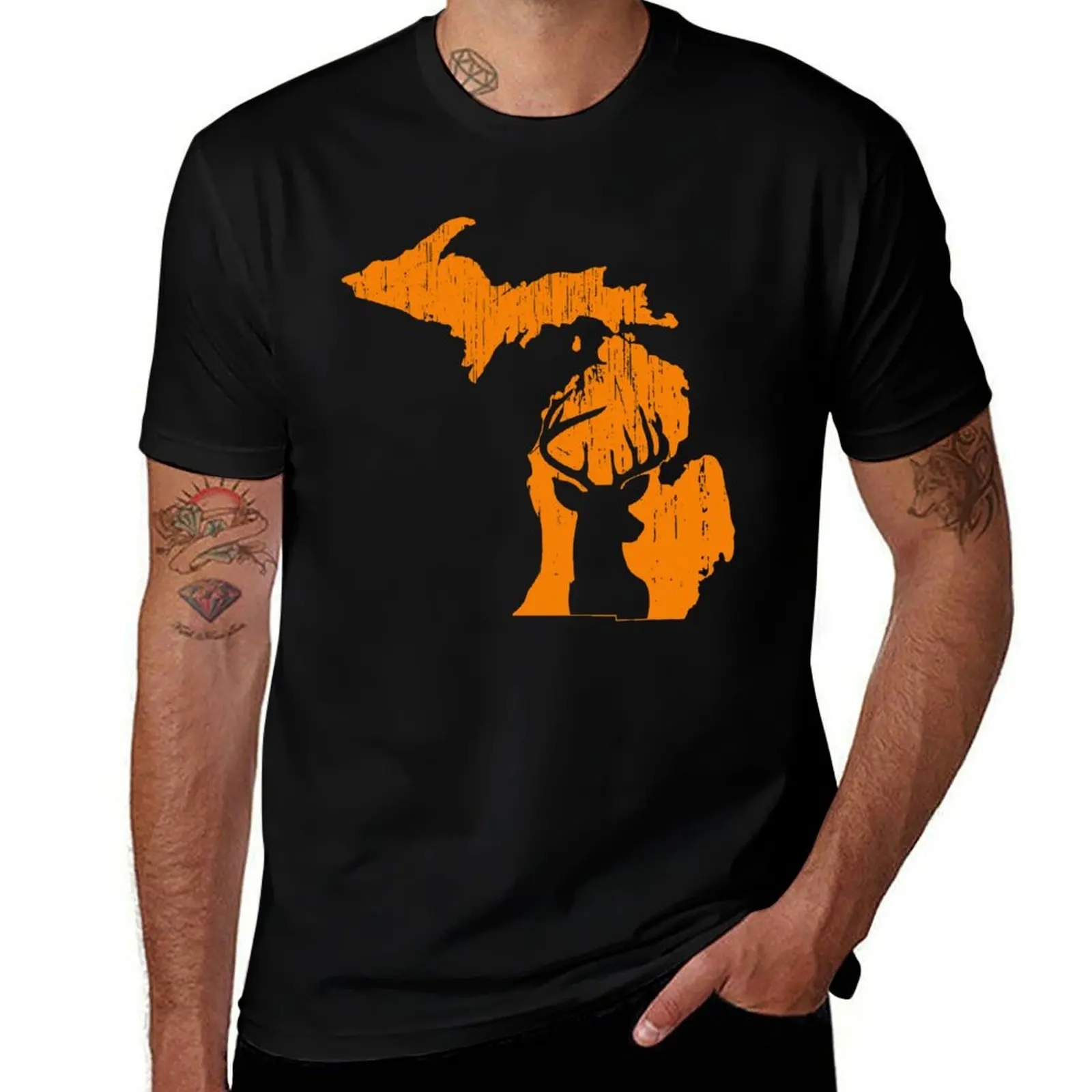 Michigan Deer Hunting Camiseta de algodão gráfico camisetas croswit camisa homem masculino grande e alto t camisas