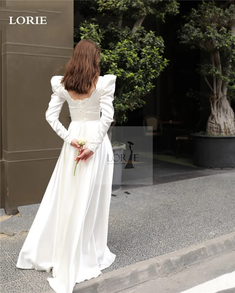 LORIE Satin Princess Wedding Dress A Line Square Neck Bride Dresses Long Sleeve Lace Up Back Party Gowns 2023