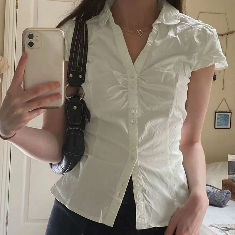 Y2K Womens Back Tie Up Shirt Simple Temperament Solid Color Slim Fit Buckle Pleated Lapel Spicy Girl Commuting Basic Style