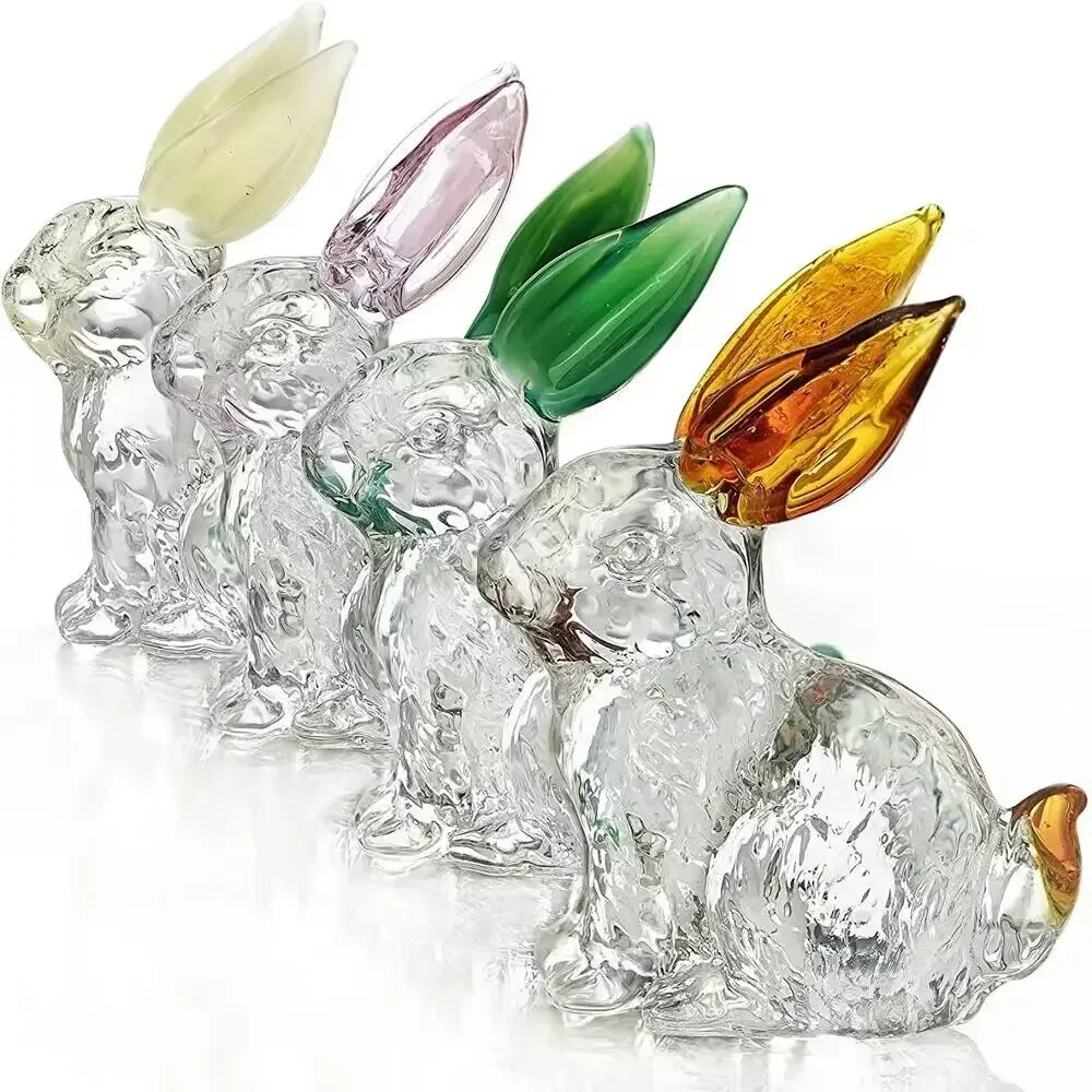 1Pc Blown Glass Bunny Animal Figurines Collectibles Glass Paperweight Golden Plated Clear Crystal Art Rabbit Decor Statue