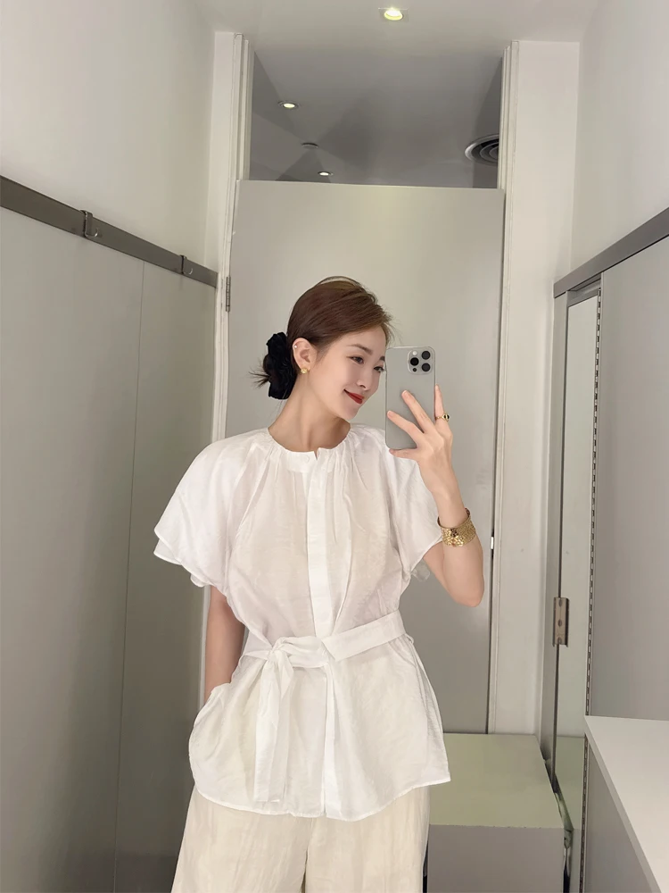 

White round Ne ort Sve irt Women's Summer 2025 CS Sle Faux Wrap Waist Belted Layered Cuff Straight Cut Ladies irt