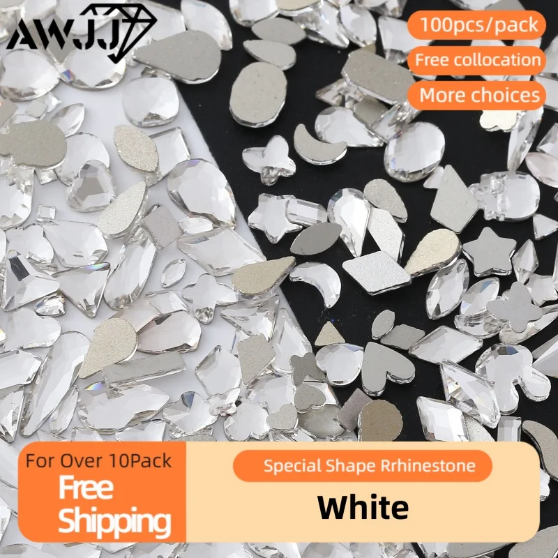 100pcs Classic White Mixed Irregular Shape Self-Adhesive High purity glass Nail Art Rhinestones Not fading Sparkling Accessory