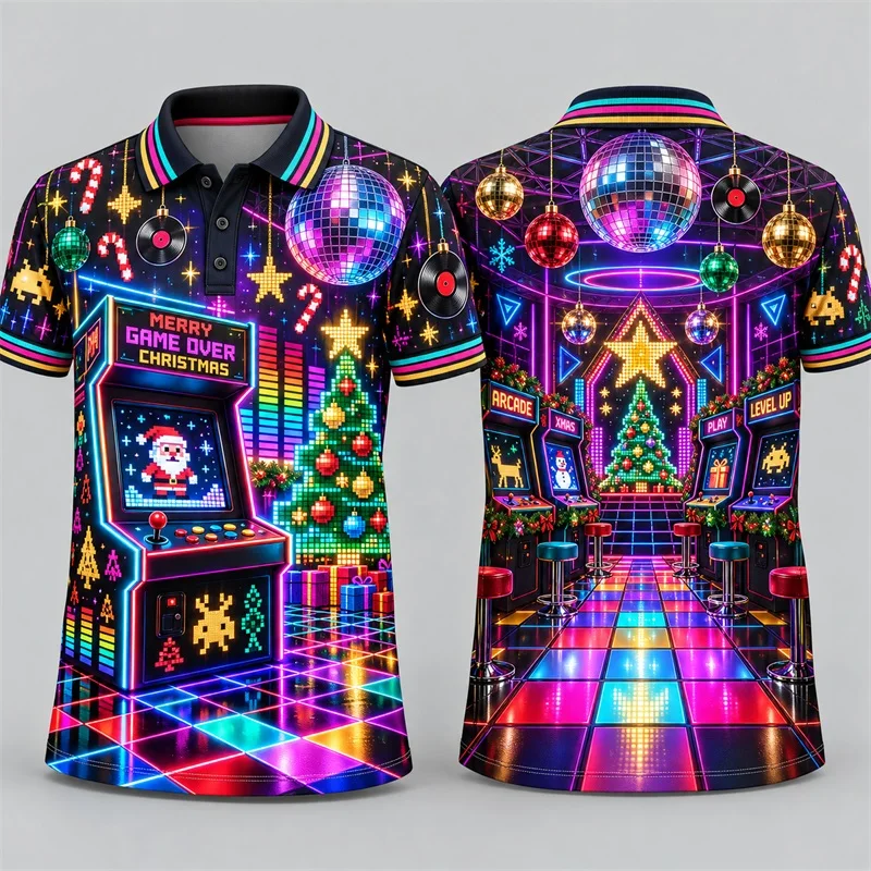 Men Neon Arcade Game Christmas Print Polo Shirt Short Sleeve Disco Ball Santa Game Machine Xmas Holiday Partytee shirt Men
