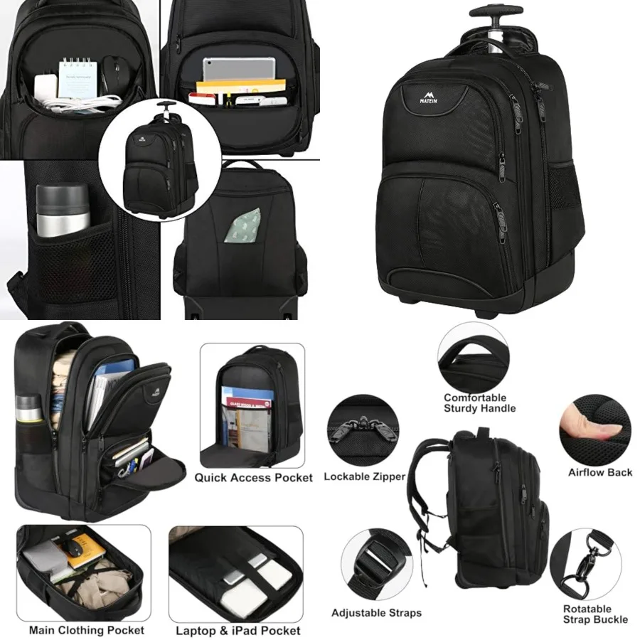 Rolling Backpack, 17 inch Water Resistant Wheeled Laptop Backpack, Carry on Luggage Business Bag, Overnight College Computer Ba