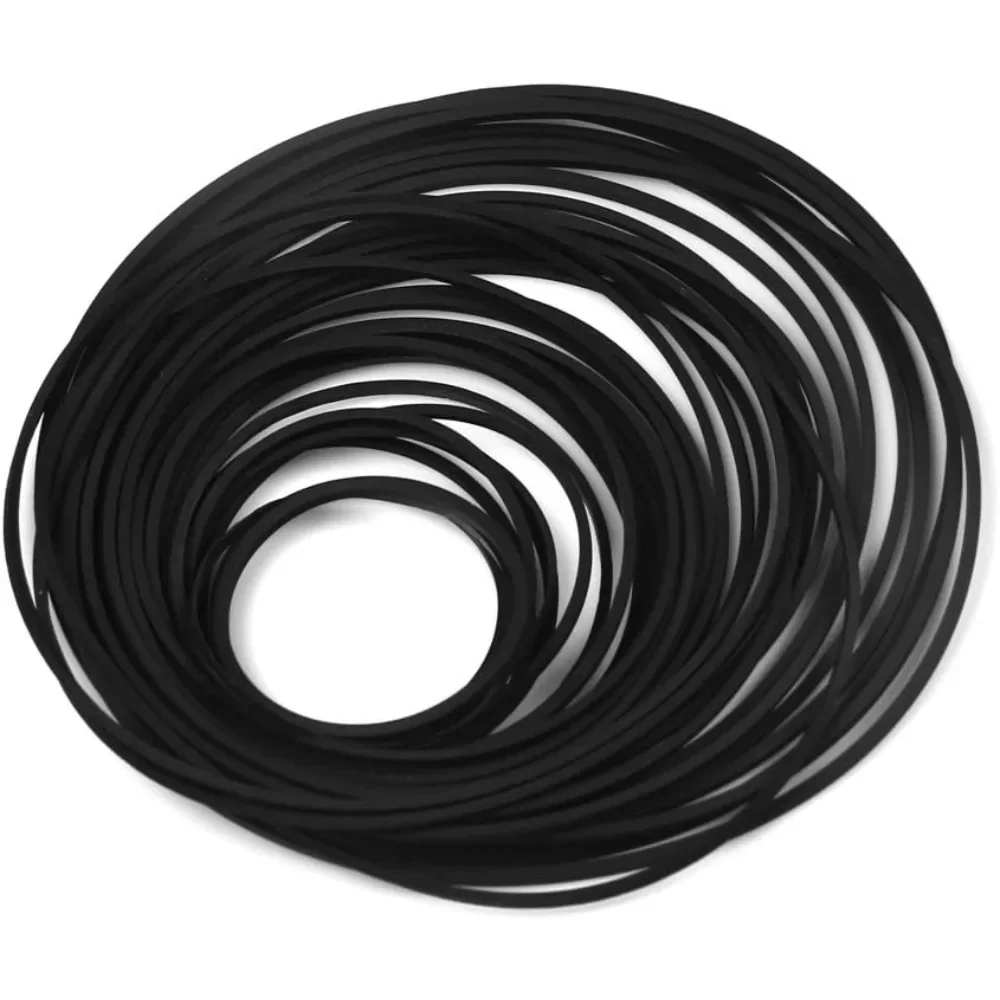 1 Packung mit 30 gemischten, gefalteten, 1 mm breiten, quadratischen, schwarzen Gummi-Keilriemen für Kassettenabspielgeräte, Walkman-Geräte und Plattenspieler. – Detail 1
