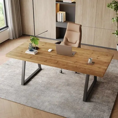 63" Industrial Executive Desk, Solid Wood Computer Laptop Desk with Strong Metal Legs, Study Writing Table Business view 4