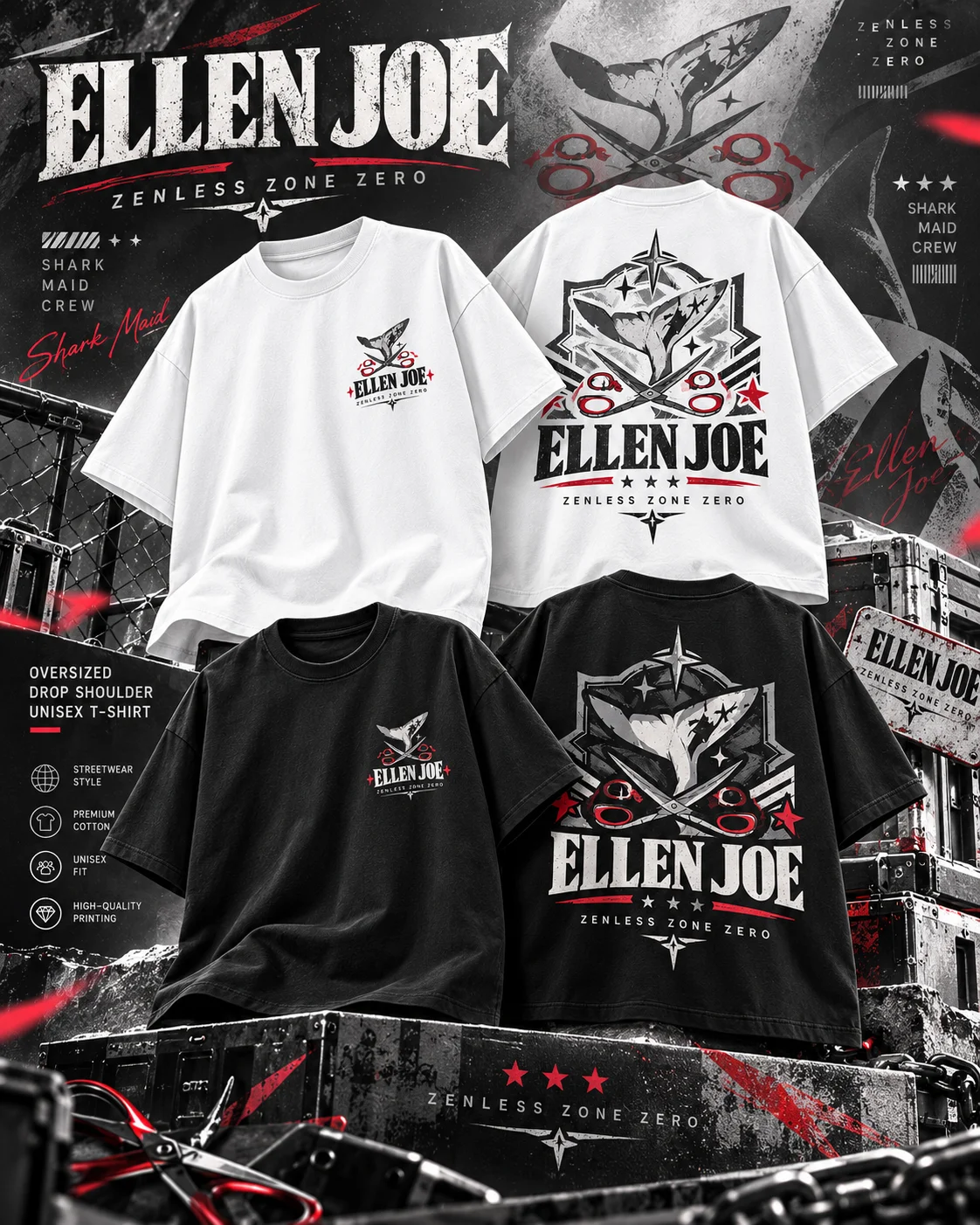 Ellen Joe Inspired Oversized T Shirt Unisex Shark Tail Scissors Graphic Streetwear Short Sleeve Tee Black White