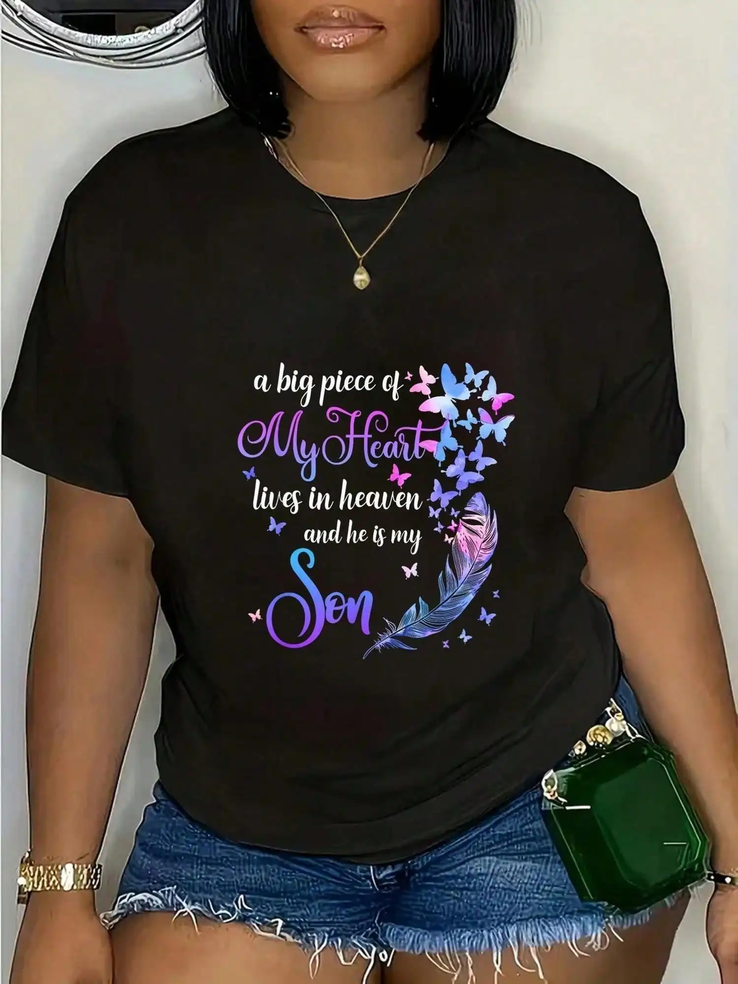 

Heavenly Love: Mom & Dad Matching T-Shirt - 'My Son Lives In Heaven' Memorial Quotes, Soft, Short Sleeve, Round Neck
